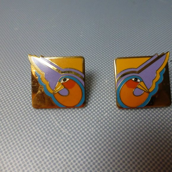 Laurel Burch "Sha Bird" enamel pierced earrings. - Picture 2 of 2